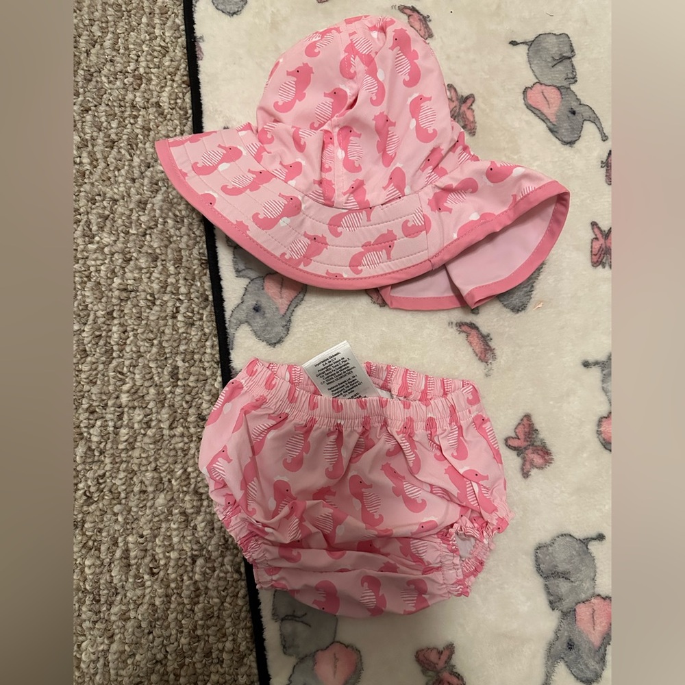 like new 3-6 seahorse diaper cover and 3-12m sun hat